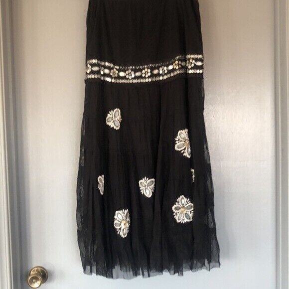Anthropologie Basil & Maude Boho Lined Black Maxi Skirt Sequins & Beads Sz 6 - Picture 1 of 8